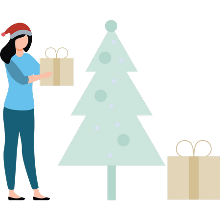 A girl stands near a Christmas tree with a gift  Illustration