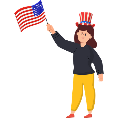 A Girl with the American Flag Celebrating Independence Day  イラスト