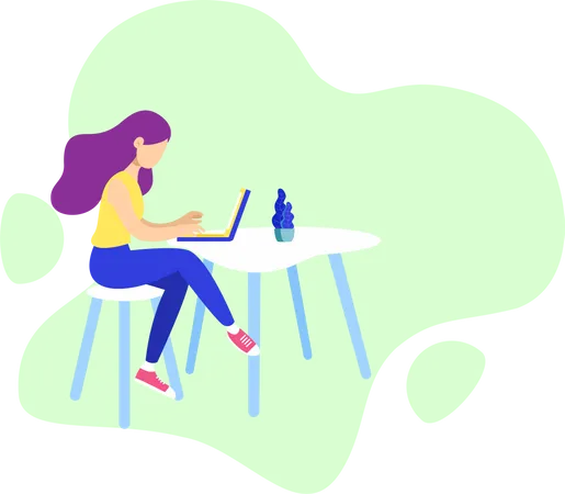 A Girl Working On A Laptop While Seating On Table As Work From Home Concept Illustration