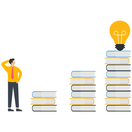 A graduate student looks at a light bulb on top of a stack of books  Illustration