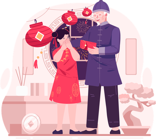 A Grandfather Giving a Red Envelope of Lucky Money to His Grandchildren  Illustration