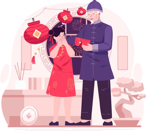 A Grandfather Giving A Red Envelope Of Lucky Money To His Grandchildren A Happy Asian Girl Receiving A Red Envelope Illustration