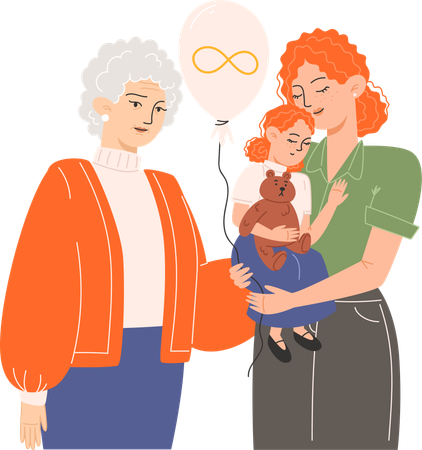 A grandmother and a young mother holding a daughter in her arms and a balloon with a golden infinity symbol for Autism Awareness Day  Illustration