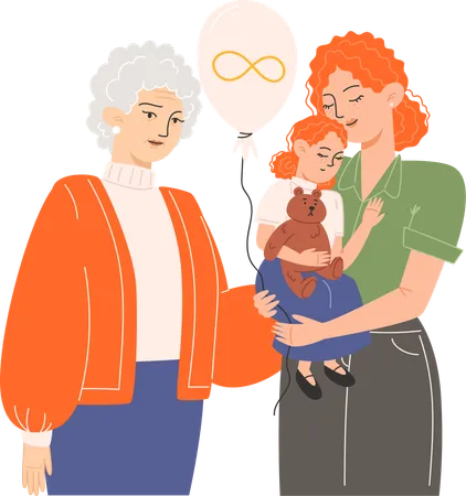 A grandmother and a young mother holding a daughter in her arms and a balloon with a golden infinity symbol for Autism Awareness Day  イラスト