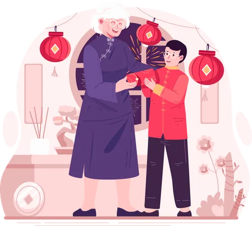A Grandmother Giving A Red Envelope Of Lucky Money To Her Grandchildren A Happy Asian Boy Receiving A Red Envelope Illustration