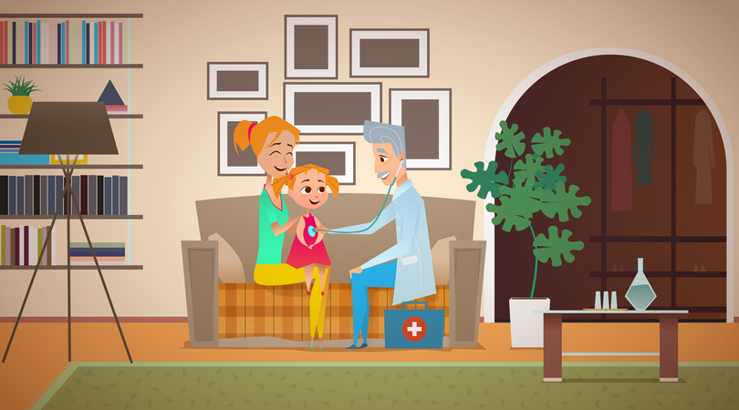 A gray-haired, elderly family doctor listens to a girl with a stethoscope  Illustration