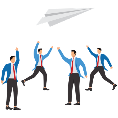 A group of Businessmans scrambling for paper airplanes in the air  Illustration