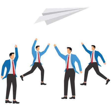 A group of Businessmans scrambling for paper airplanes in the air  Illustration