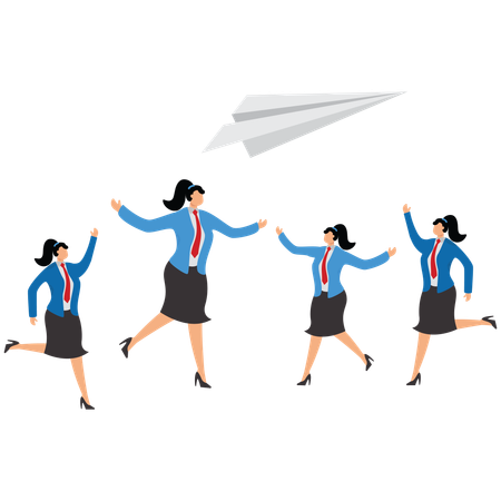 A group of Businesswomans scrambling for paper airplanes in the air  Illustration