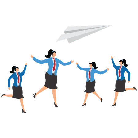 A group of Businesswomans scrambling for paper airplanes in the air  Illustration