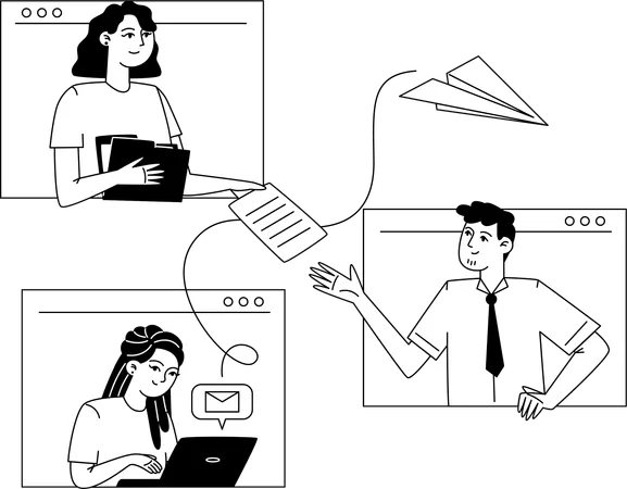 A Group Of Employees In A Working Team Black And White Illustration Illustration