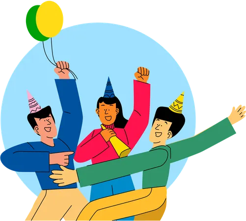 A Group Of Friends Celebrating With Balloons And Party Hats In A Cheerful And Colorful Setting Illustration