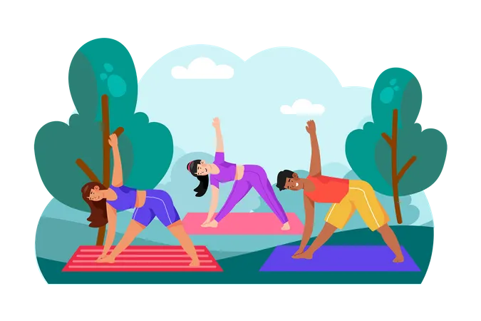 A group of friends gathers for a morning yoga session in the park  Illustration