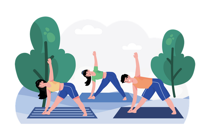 A group of friends gathers for a morning yoga session in the park  일러스트레이션