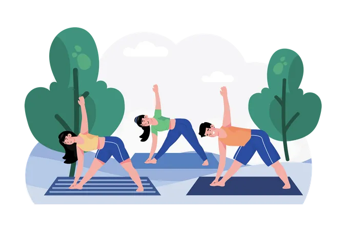 A group of friends gathers for a morning yoga session in the park  イラスト