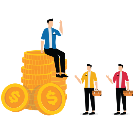 A group of small businessmen looking at the big businessmen sitting on piles of money  Illustration