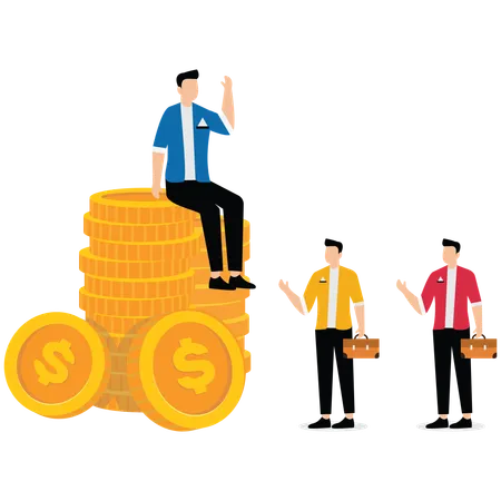 A group of small businessmen looking at the big businessmen sitting on piles of money  Illustration