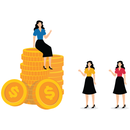 A group of small businesswomen looking at the big businesswomen sitting on piles of money  Illustration