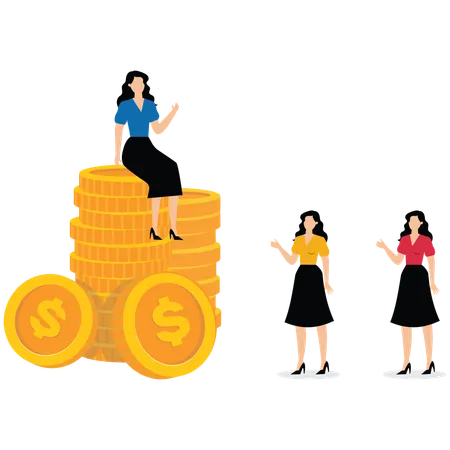 A group of small businesswomen looking at the big businesswomen sitting on piles of money  Illustration