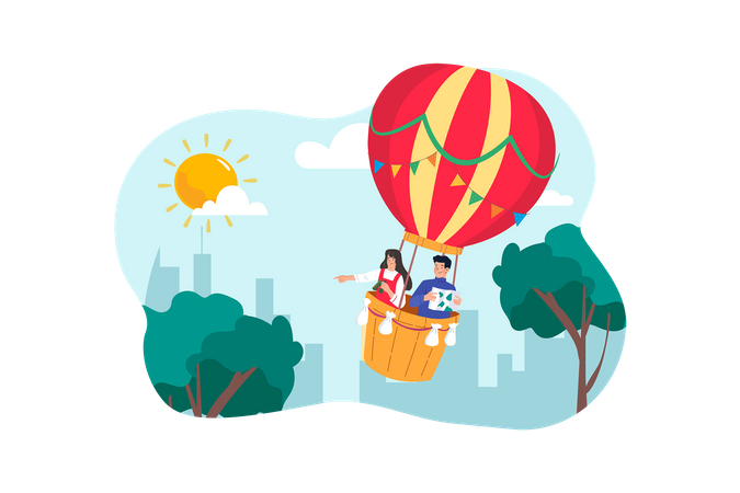 A group of tourists embarks on a sunrise hot air balloon ride for a memorable experience  Illustration