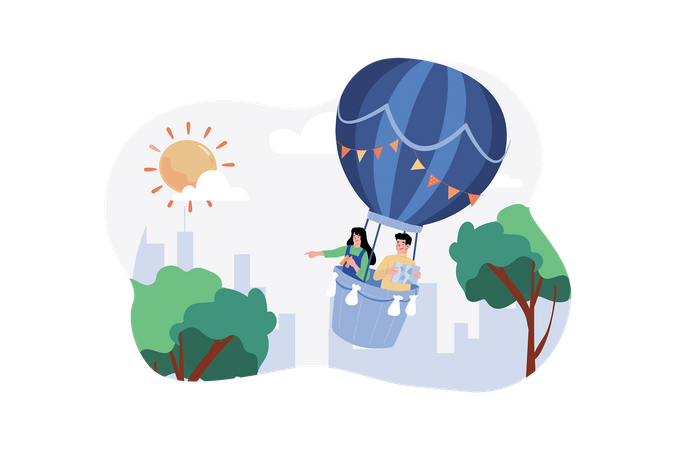 A group of tourists embarks on a sunrise hot air balloon ride for a memorable experience  イラスト