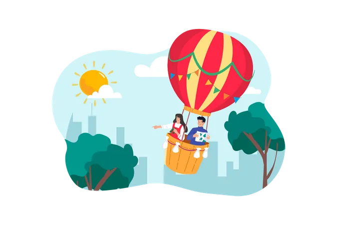 A group of tourists embarks on a sunrise hot air balloon ride for a memorable experience  Illustration