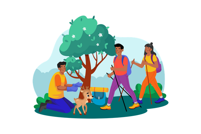 A group of tourists goes on a guided nature walk to learn about the local flora and fauna  일러스트레이션
