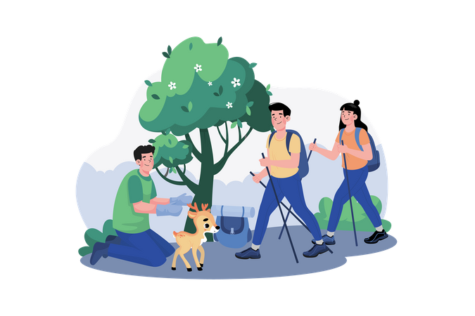 A group of tourists goes on a guided nature walk to learn about the local flora and fauna  일러스트레이션