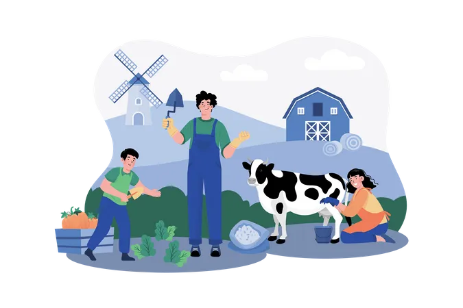 A group of tourists visits a local farm for a morning tour and hands-on activities  イラスト