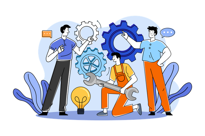 A group of workers working on projects in a team  Illustration