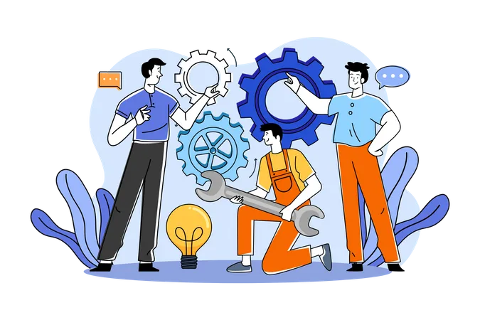 A group of workers working on projects in a team  Illustration
