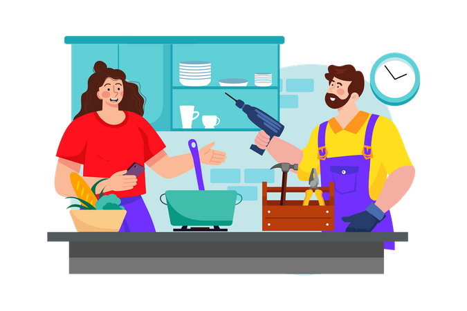 A homeowner hires a construction contractor to renovate their kitchen  Illustration