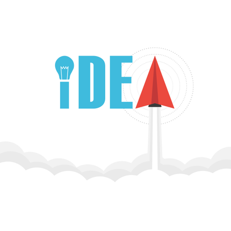 A palavra 'ideia' no céu com avião de papel e lâmpada, conceito de pensamento  Ilustração
