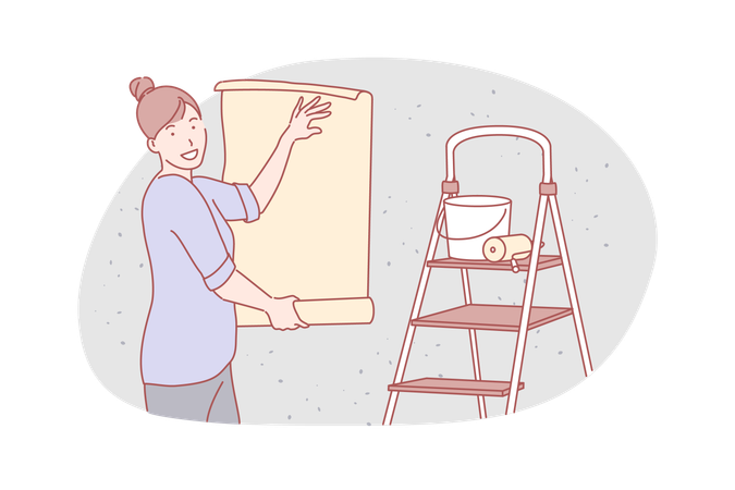 A jovem dona de casa faz papel de parede  Ilustração
