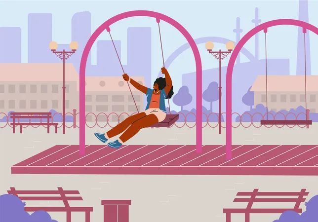 A joyful dark-skinned woman in a T-shirt and shorts swings on a swing in a city park  Illustration