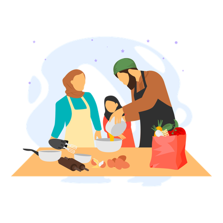 A Joyful Family Preparing Food For Iftar  Illustration