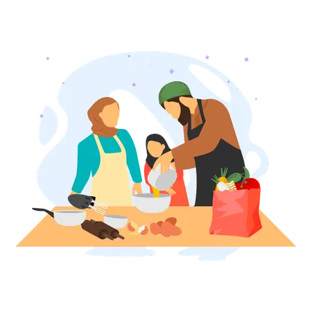 A Joyful Family Preparing Food For Iftar  Illustration