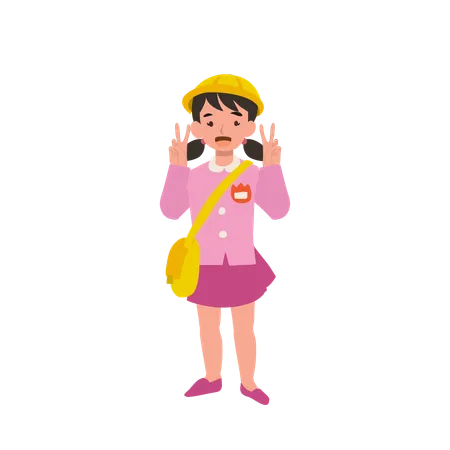 A joyful kindergarten girl in uniform is happily raising her hands with excitement, capturing the essence of childhood happiness and school spirit  Illustration