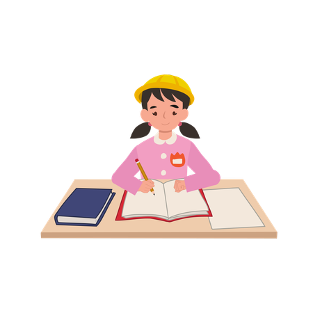 A kindergarten student in a Japanese school uniform is studying and taking notes at school desk  Illustration