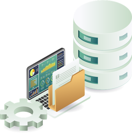 A laptop and server with disk and folder icons  Illustration