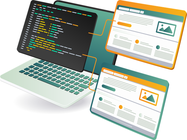 画面にウェブページとプログラミングコードが表示されたノートパソコン  イラスト