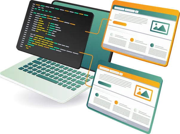 画面にウェブページとプログラミングコードが表示されたノートパソコン  イラスト