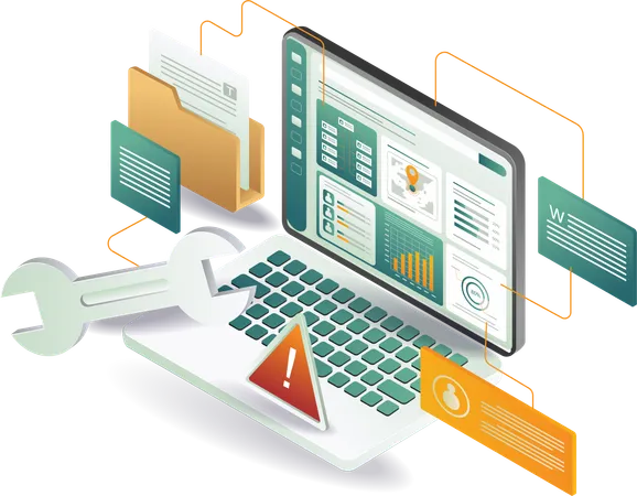 A laptop with a wrench and a computer, symbolizing repair and maintenance services for electronic devices  Illustration