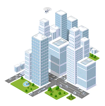 A Large City Of Isometric Urban Objects A Set Of Urban Buildings Skyscrapers Houses Supermarkets Roads And Streets Illustration