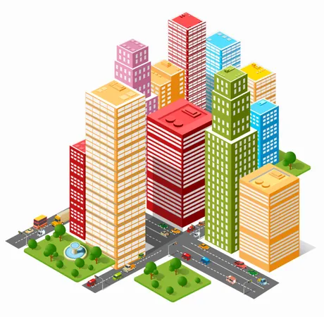 A Large Set Of Isometric Urban Objects A Set Of Urban Buildings Skyscrapers Houses Supermarkets Roads And Streets Illustration