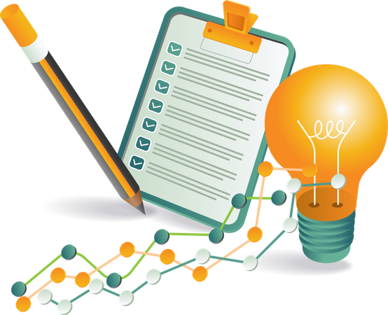 A light bulb next to a clipboard with a checklist, symbolizing ideas and organization  Illustration