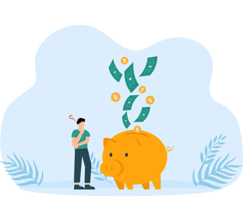 A lot of money flows into the piggy bank and brainstorm for business success  Illustration
