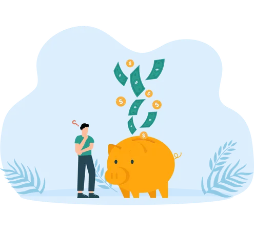 A lot of money flows into the piggy bank and brainstorm for business success  Illustration