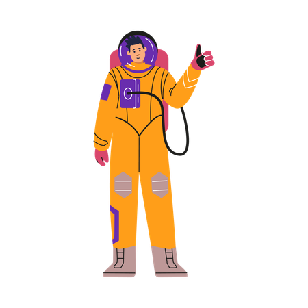 A male astronaut in a protective yellow suit is depicted with his thumb up  Illustration