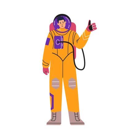 A male astronaut in a protective yellow suit is depicted with his thumb up  Illustration